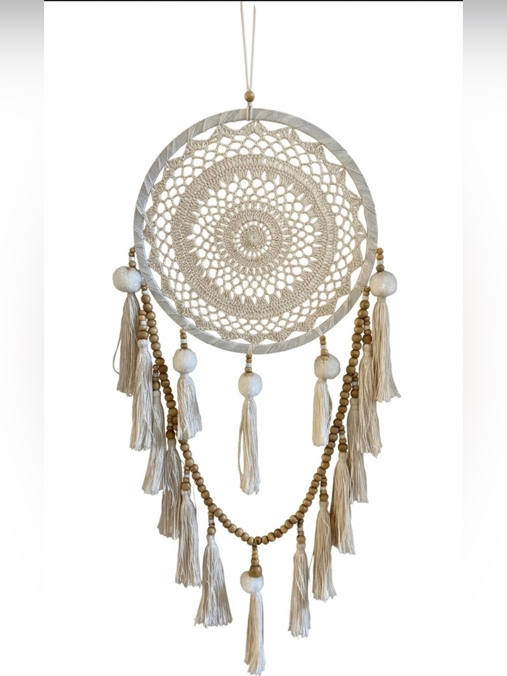 Boho Crochet Dreamcatcher Wall Hanging in Cream with Wood Beads